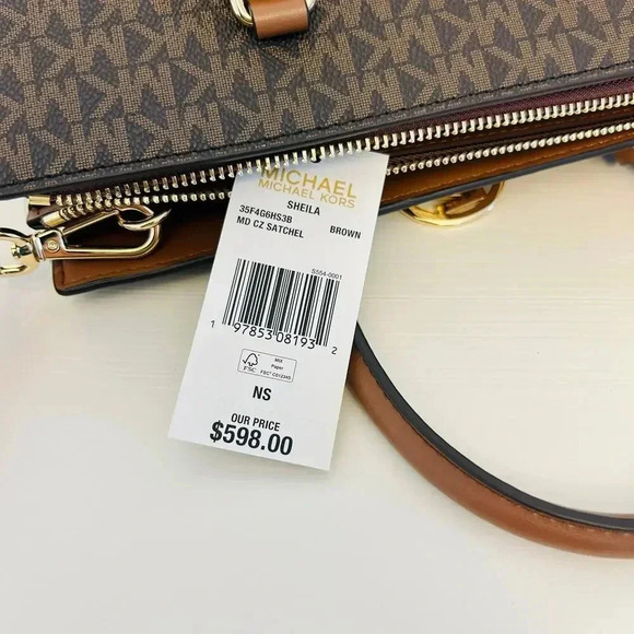 Michael Kors Purse Medium Sheila Signature Logo and Metallic Satchel Brown - Picture 7 of 10